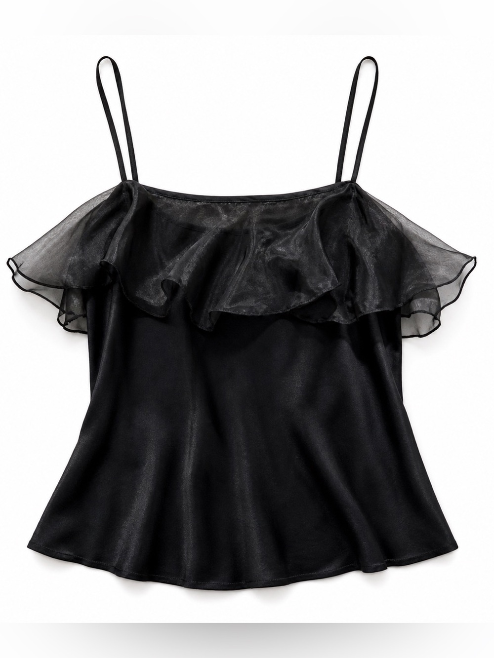 Krishna Black Silk Ruffle Camisole Top Sheer Trim Y2K Minimalist Size S